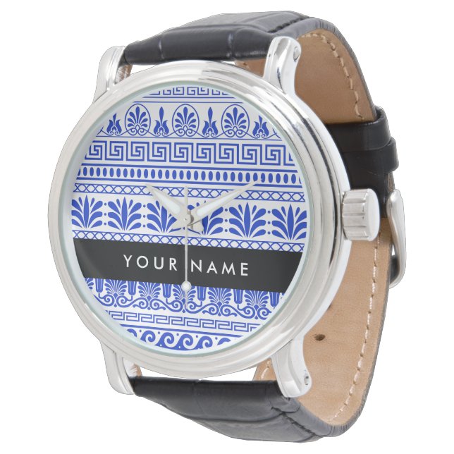 Relógio Fretwork Grego, Chave Meandro Mista, Azul, Seu Nom (Angular)