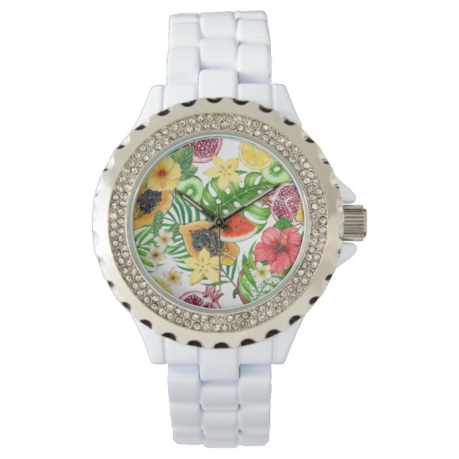 Relógio Frutas tropicais, flores e folhas em branco (Frente)