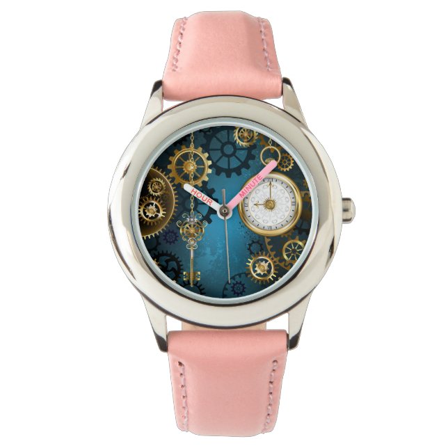 Relógio Fundo de turquesa Steampun com engrenagens (Frente)