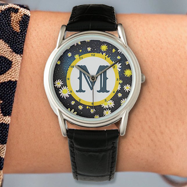 Relógio Galaxy Sky Daisy Flowers Monograma - Letra Azul Es (Criador carregado)