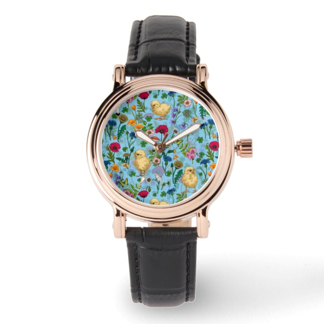 Relógio Galinhas e flores silvestres em azul-bebê (Frente)