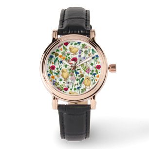 Relógio Galinhas e flores silvestres em branco-claro
