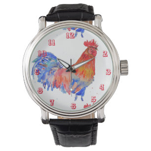 Relógio Galo Aquarela Galinha Cockerel Red Mens