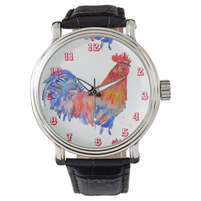 Relógio Galo Aquarela Galinha Cockerel Red Mens (Frente)