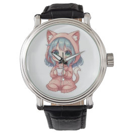 Relógio Garota Anime Kawaii Aconchegante com Capuz de Gato