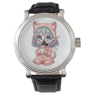 Relógio Garota Anime Kawaii Aconchegante com Capuz de Gato
