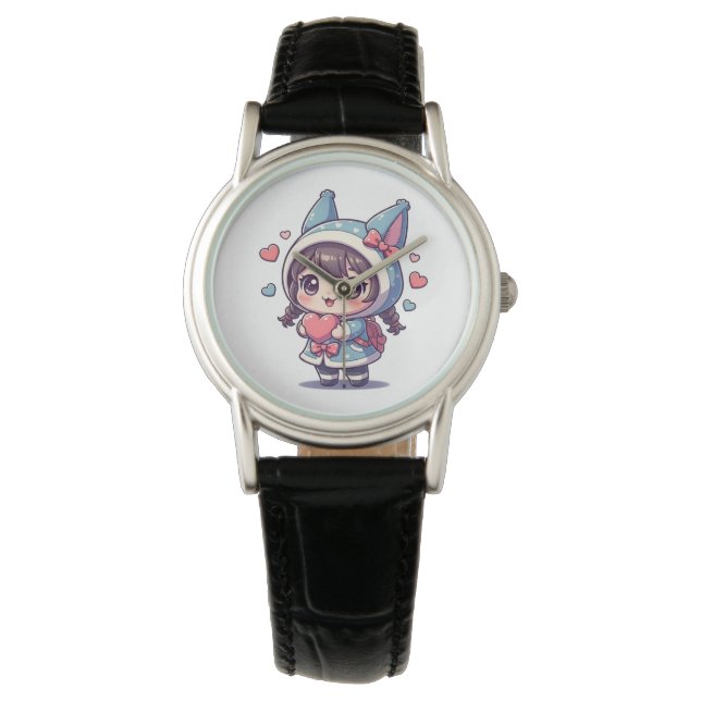 Relógio Garota Kawaii Chibi com Coração (Frente)