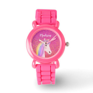 Relógio Garoto Personalizado de Glitter Cor-de-Rosa Brilha