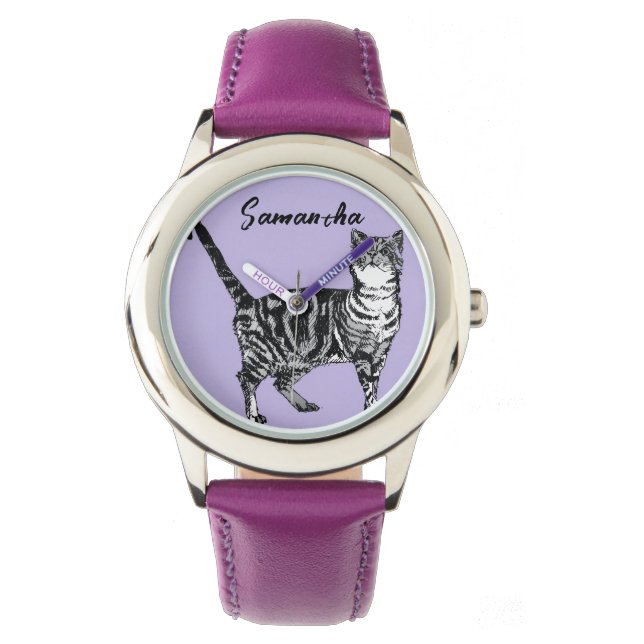 Relógio Gata Tabby Preto e Branco Nome Roxo  (Frente)