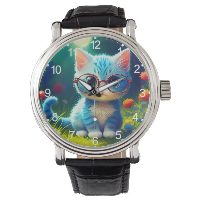 Relógio Gatinho Azul Fofo Usando Óculos-47067 (Frente)