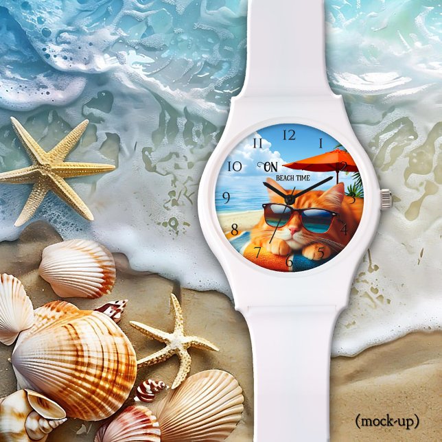 Relógio Gatinho bisbilhotando na praia sempre verão (Cat lover watch featuring a colorful painting of a kitty snoozing on the beach.)