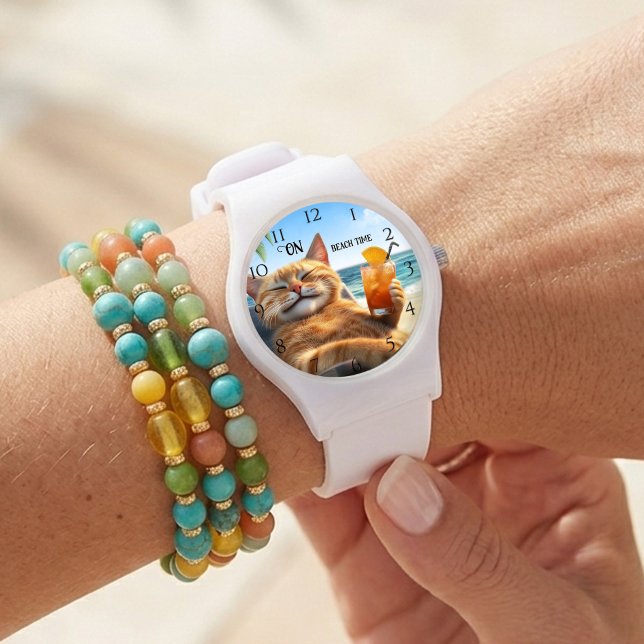 Relógio Gatinho na Praia Sol de Verão (Watch featuring a colorful painting of a kitty enjoying a drink on the beach.)