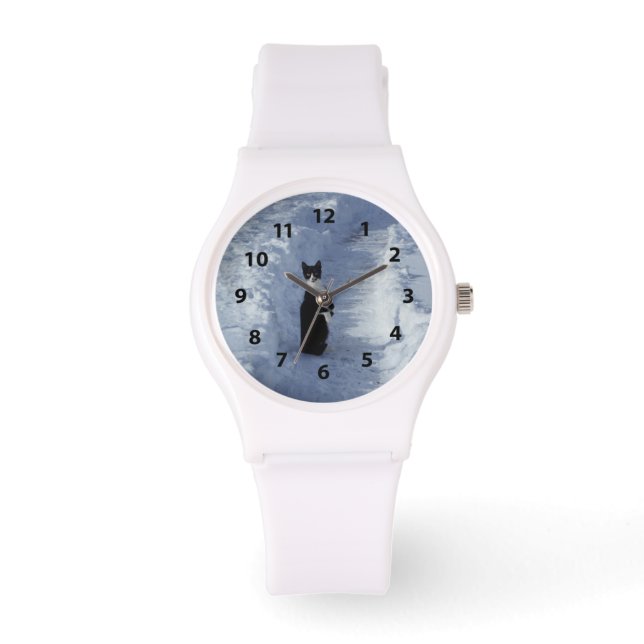 Relógio Gatinho Preto e Branco na Vigia de Neve (Frente)