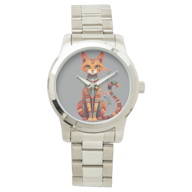 Relógio Gato Artístico Fofo com Ramo Floral (Frente)