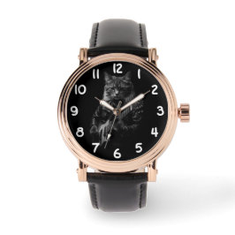 Relógio Gato com Jaqueta de couro tocando violão elétrico