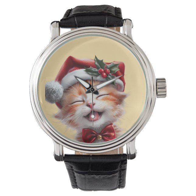 Relógio Gato de Natal bonito com Chapéu Santa e Arco (Frente)