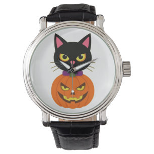 Relógio Gato Negro e Jack-O'-Lanterna no Halloween Spooky