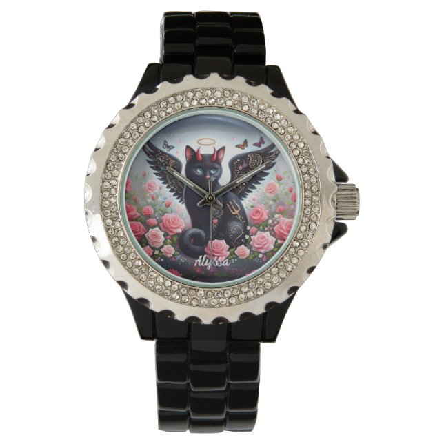 Relógio Gato preto engraçado demônio e anjo  (Frente)