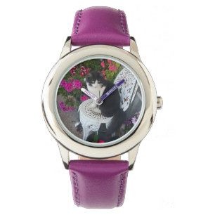 Relógio Gato Tuxedo Marrom Rosa Escuro Gatos e Flores