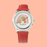 Relógio Girls Cute Boho Watercolor Rainbow e Name<br><div class="desc">Apresentando nosso encantador Kids Boho Rainbow Watercolor Personalized Watch, um delicioso relógio projetado com seu pequeno em mente. Este relógio captura o capricho e a magia da infância com o seu vibrante design de aquarela do arco-íris. O mostrador de relógio apresenta um arco-íris cativo e aquoso, enfeitado com estrelas e...</div>