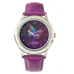 Relógio Girls Purple Butterfly Glitter Nome Personalizado