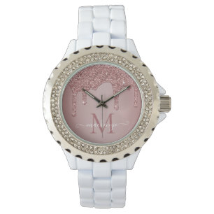 Relógio Girly Rosa Dourado Sparkle Glitter Drives Monogram