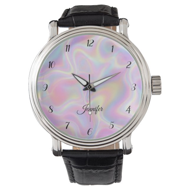 Relógio Girly Vibrant Pastel Holographic Swirl Design      (Frente)