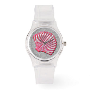 Relógio Glitter de Prata de Seashell Rosa