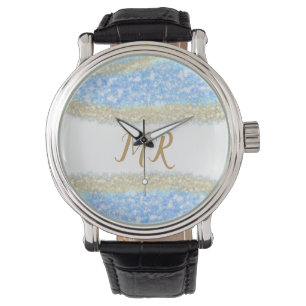 Relógio glitter dourado azul glitter glitter nome monogram
