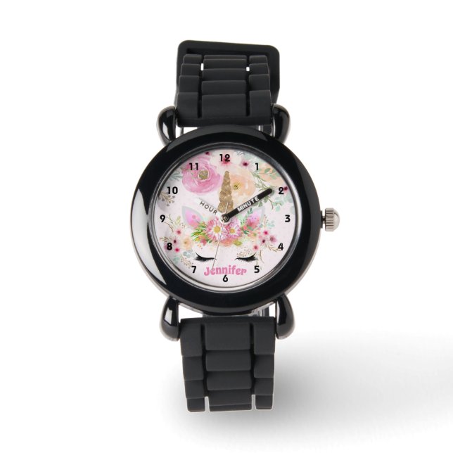 Relógio Glitter Dourado Cor-de-rosa Unicórnio Rosto Flores (Frente)