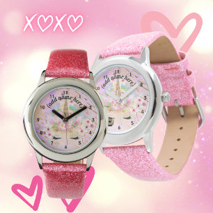 Relógio Glitter Dourado Cor-de-rosa Unicórnio Rosto Rainb