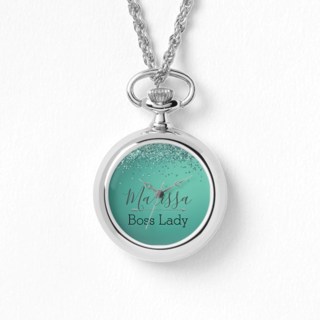 Relógio Glittery Turquoise Personalizada Lady Chefe (Frente)