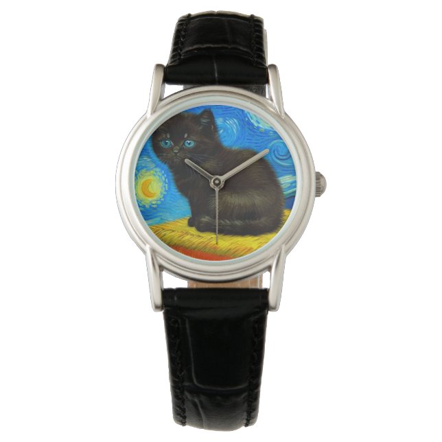 Relógio Gogh Style Starry Night Cat (Frente)