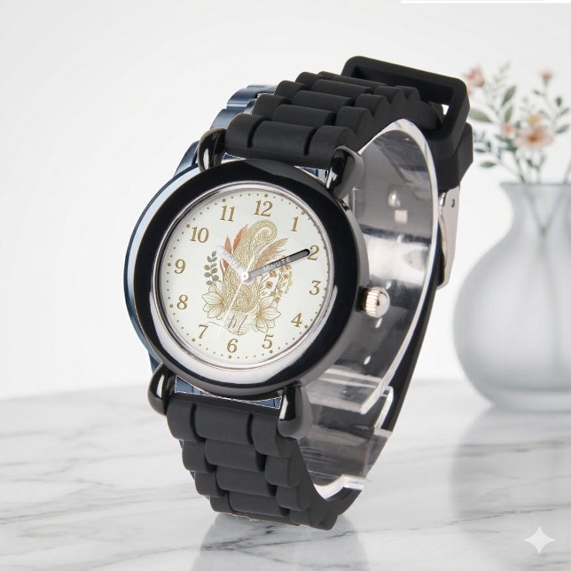 Relógio Golden Paisley Boho Art Elegant Monogram Wedding  (Golden Paisley Boho Art Elegant Monogram Wedding Watch)