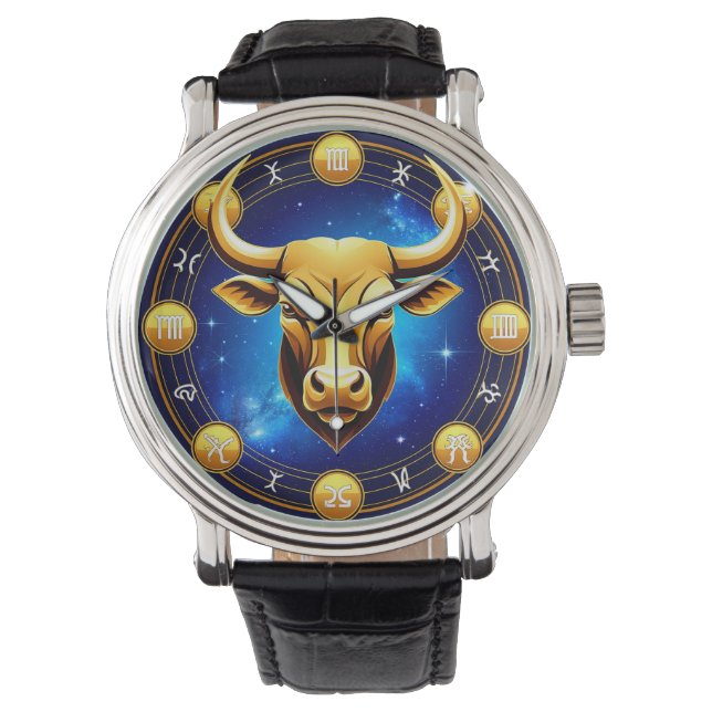 Relógio Golden Taurus Bull In Cosmic Zodiac Circle (Frente)