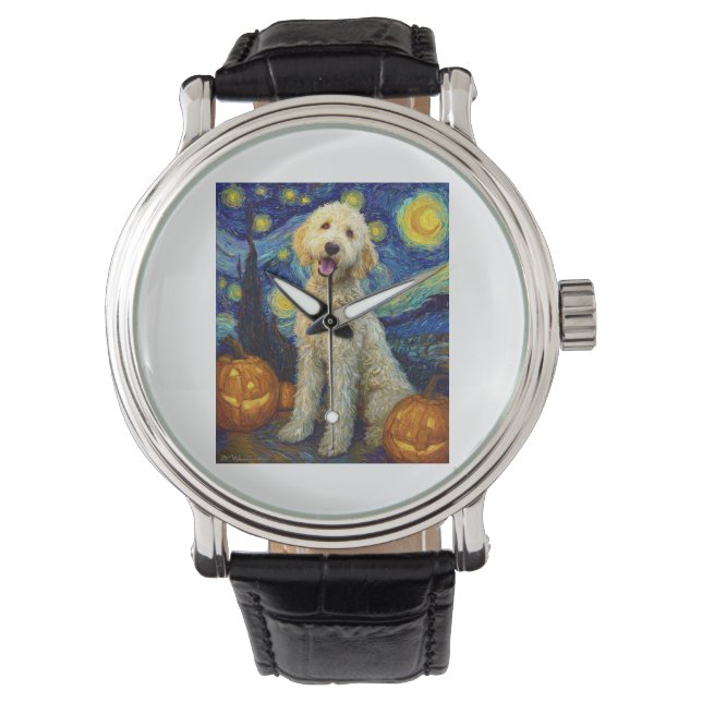 Relógio Goldendoodle Cachorro Fofo Dia das Bruxas Jack O L (Frente)