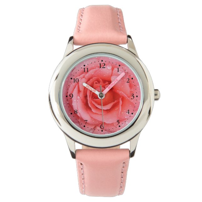 Relógio Gotas de água de rosa cor-de-rosa romântica (Frente)