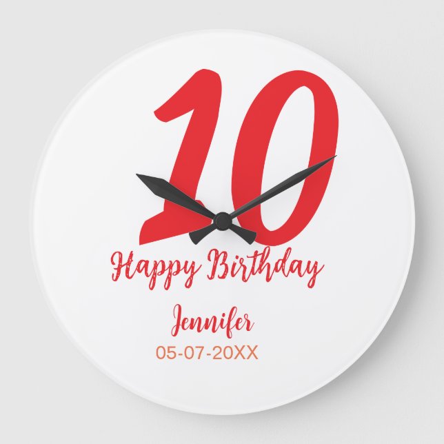 Relógio Grande 10.º aniversário adicionar nome data ano vermelho  (Frente)