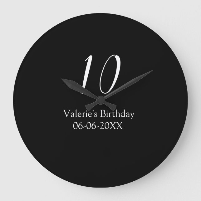 Relógio Grande 10th birthday white black name date calligraphy  (Frente)