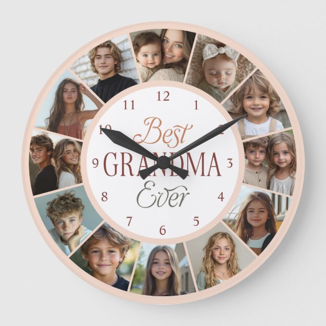 Relógio Grande 12 Photo Collage Best Grandma Ever Large Clock (Frente)