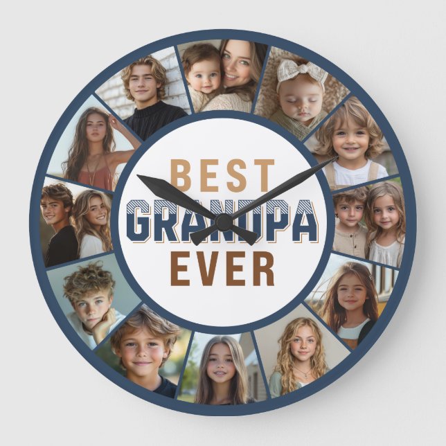 Relógio Grande 12 Photo Collage Best Grandpa Ever Large Clock (Frente)