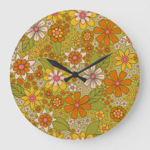 Relógio Grande 1960, 1970 Retro Floral Verde e Laranja
