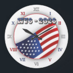 Relógio Grande 250 Years USA  Freedom 1776-2026 Patriotic<br><div class="desc">This 250 Years USA Freedom 1776–2026 patriotic clock commemorates 250 years of American independence. Created for the Semiquincentennial, it honors the 250th anniversary of the Declaration of Independence in 2026. The bold American flag design paired with 1776-2026 highlights the enduring spirit of liberty since 1776. A meaningful accessory for July 4th...</div>