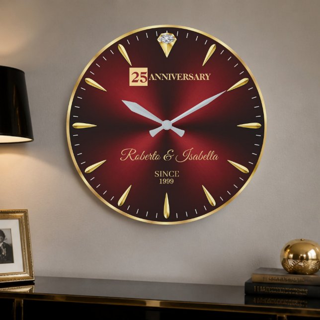 Relógio Grande 25th Anniversary Elegant Ruby Red & Gold Wedding A (Criador carregado)