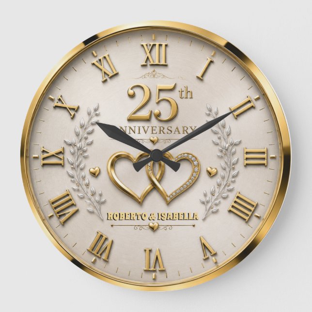Relógio Grande 25th Anniversary Elegant Silver & Gold Wedding  (Frente)