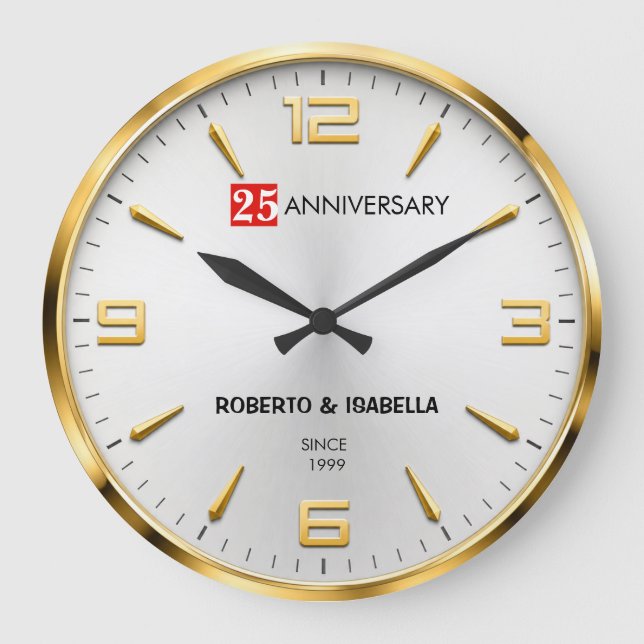 Relógio Grande 25th Anniversary Elegant Silver & Gold Wedding  (Frente)