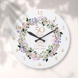 Relógio Grande 50º Aniversário de Casamento Lavanda Floral Garlan