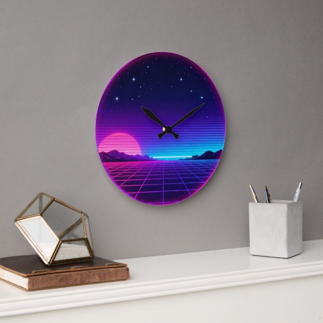 Relógio Grande 80s Synthwave Neon Sunset Circle Geometric Graphic (Escritório)