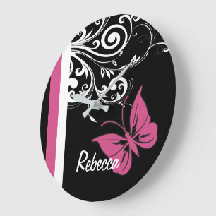 Relógio Grande A borboleta personalizada roda rosa do arando
