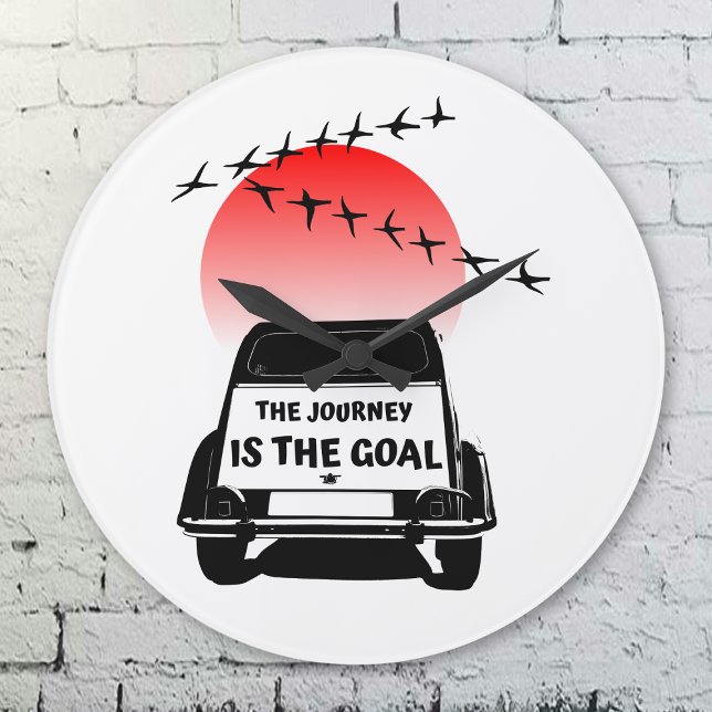Relógio Grande A jornada é o objetivo Sunset - Vidtimer 2CV (2CV Clock in White with a Red Sunset and Birds Illustration)